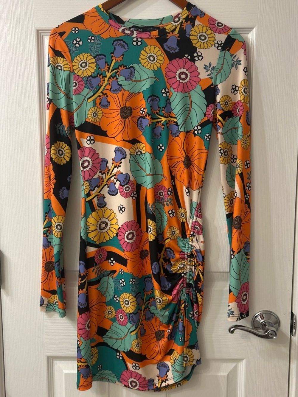 Bershka Multicolor Floral Long-Sleeve Ruched Mini Dress